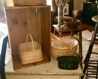 Primitive trunk, tole painted lunch box is SOLD, quality baskets, Nantucket baskets are SOLD, advertising box/crate