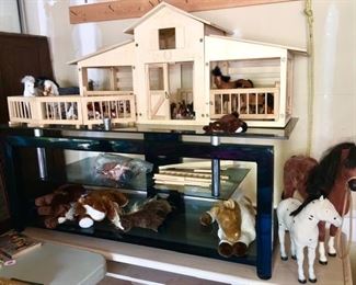 Horse stable and misc. horses, American Girl horses (2 on right), glass/metal TV stand