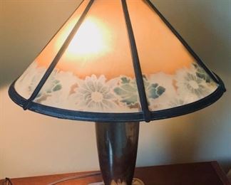 Antique lamp with reverse painted glass shade