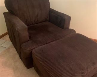 Brown soft corduroy chair and ottoman
