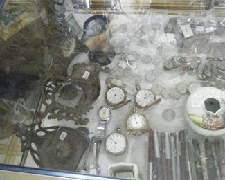 pocket watches ink wells, pens, silver coins