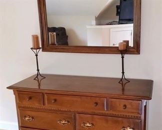 Ethan Allen 2pc Dresser with Mirror $499.99
 
Dresser Dimensions:
•Length: 56 "
•Width: 21 " 
 
Mirror Dimensions:
•Length:45 "
•Width: 35 " 