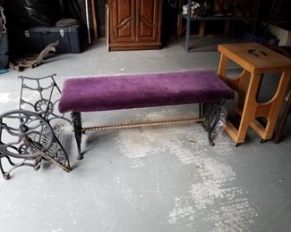 treadle sewing machine base, Purple velvet Spanish Revival wrought iron bench