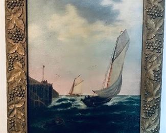 Untitled (description: pier with sailboat) by N.D. Alderman. Oil on board, 16" x 20" including antique frame.