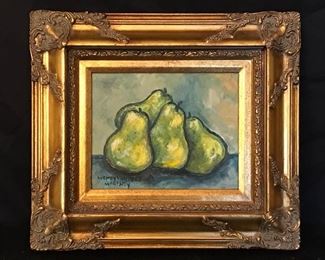 Untitled (description: still life pears) by Wendy Van Pelt Gautney. Oil on canvas, 17" x 15" framed.