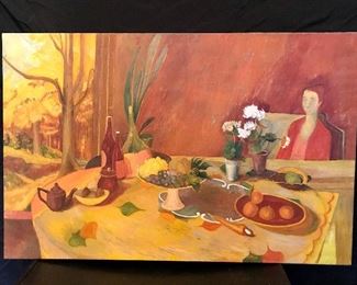 Still Life with a Woman in Red and Open Window with Trees by Isabelle Lebedeff. Oil on canvas, 43" x 28, unframed.