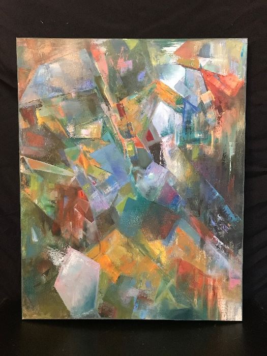 Untitled (description: teal fractured) by Reesha Leone. Oil on canvas, 24" x 30" unframed.