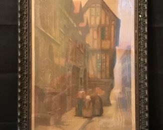 antique print of European street in period frame with plaster loss. Artist L. Marchelti, 19" x 27" including frame.