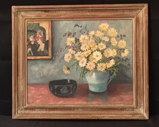Untitled (description: daisies in pitcher) by R.L. Oil on canvas, 25" x 21" including frame.