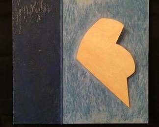 (description: wing on blue square) by Santo Bruno, 1986. Mixed media, 22" x 21".