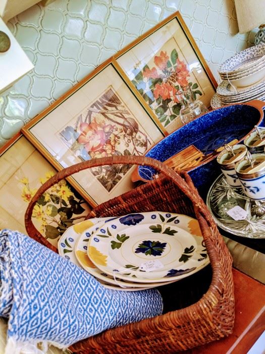 Floral prints, quality baskets, and kitchen ware. 