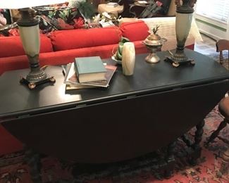 Modern, drop-leaf table with barley twist, gate legs.  Alabaster lamps