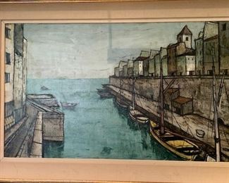 Vintage Mid-Century original painting of European Port by French artist Charles Levien