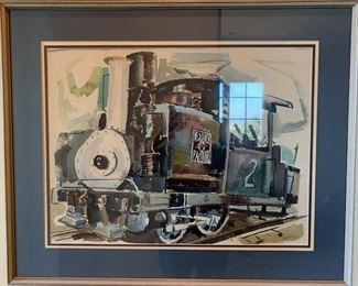 Vintage original watercolor painting, Train Engine