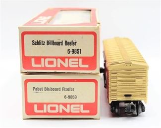 Lionel Train Lot of 2 Reefer Cars in Original Boxes - 6-9851 Schlitz Billboard Reefer and 6-9859 Pabst Billboard Reefer