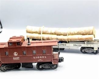 Lionel Train O Scale Vintage Brown Caboose with Smoke Stack 6457 and Lionel Lines Wood hauler 336155