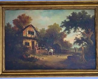 Artist Signed Scenic Oil Painting, "At The Inn" By Henry T. Harvey