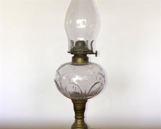 Marble Base Sandwich Glass Oil Lamp With Size O Queen Anne Burner & Chimney