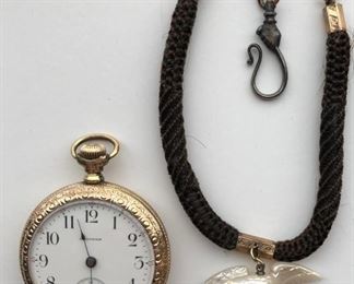 Waltham Pocket Watch, Gold Filled Mourning Hair Fob, Mother Of Pearl Eagle Fob