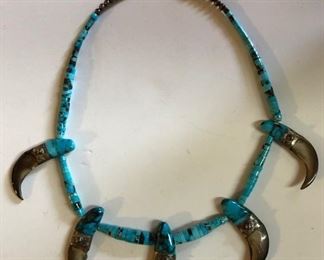 Turquoise & Sterling Bear Claw Necklace