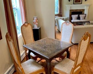 Item 16:  Bistro table - 34"l x 34"w x 20"h- needs to be refinished                                                                                               Item 17:  (4) Chairs - 19.5"l x 17"w x 49"h - condition is fair, chairs study, seat upholstery has stains -                                   Set: $350