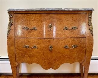 Item 19:  (2) Bombay Chests with Marble Tops - 30"l x 17.5"w x 32.5"h Veneer is compromised on leg:  $300