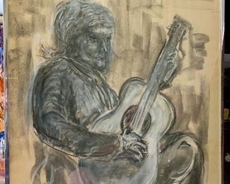 Item 74:  Pencil Drawing, Man with Guitar - 24.5" x 36.5":  $65