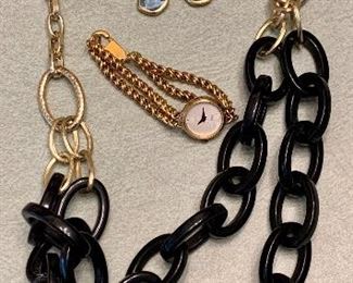 Lot #7:  Assorted Jewelry - black double necklace, earrings and watch: $20