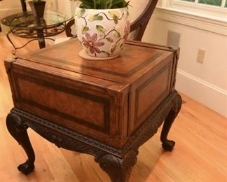 Maitland-Smith Game/Storage Side Table  $525
Leather bound top on mahogany cabriole legs with ball and claw feet. Top drawer pulls out to reveal chess/checkers, and backgammon boards. Game pieces present. Excellent condition. 24.5” wide, 24" deep, 27.5" high