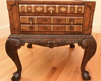 Maitland-Smith Game/Storage Side Table  $525
Leather bound top on mahogany cabriole legs with ball and claw feet. Top drawer pulls out to reveal chess/checkers, and backgammon boards. Game pieces present. Excellent condition. 24.5” wide, 24" deep, 27.5" high