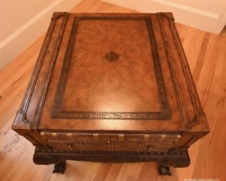 Maitland-Smith Game/Storage Side Table  $525
Leather bound top on mahogany cabriole legs with ball and claw feet. Top drawer pulls out to reveal chess/checkers, and backgammon boards. Game pieces present. Excellent condition. 24.5” wide, 24" deep, 27.5" high