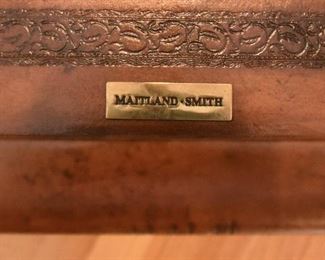 Maitland-Smith Game/Storage Side Table  $525
Leather bound top on mahogany cabriole legs with ball and claw feet. Top drawer pulls out to reveal chess/checkers, and backgammon boards. Game pieces present. Excellent condition. 24.5” wide, 24" deep, 27.5" high