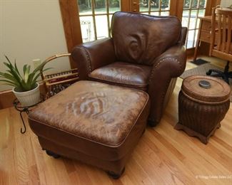 Brown Leather Club Chair & Ottoman  $295
Very well loved, but still so comfortable. No other damage. The ottoman might do well with a DIY leather color restoration product. 3'7" wide x 3' tall x 3'3" deep