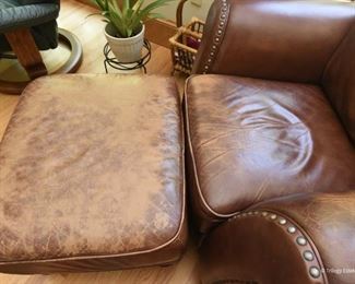 Brown Leather Club Chair & Ottoman  $295
Very well loved, but still so comfortable. No other damage. The ottoman might do well with a DIY leather color restoration product. 3'7" wide x 3' tall x 3'3" deep