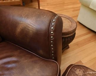 Brown Leather Club Chair & Ottoman  $295
Very well loved, but still so comfortable. No other damage. The ottoman might do well with a DIY leather color restoration product. 3'7" wide x 3' tall x 3'3" deep