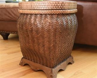 Woven Wicker Basket with Lid  $35
18” tall, 16” wide