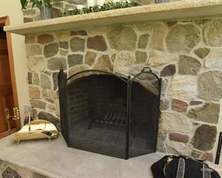 Fireplace screen, tools and brass kindling holder $85   Screen dimensions, 4'5" x 2'11"