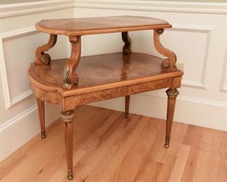 Henredon Tiered Side Table  $495 
Made of olive and burled ash wood, in the French Empire / Neoclassical style. This piece is in excellent condition. H 30 in. x W 34 in. x D 22 in.