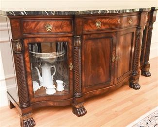 Henredon Natchez Marble-Top Sideboard  $825
Absolutely breathtaking book matched flame mahogany, with string black marble top. Glass doors on end cabinets to feature some of your favorite pieces. Excellent condition. 77ʺW × 23.5ʺD × 38.5ʺH