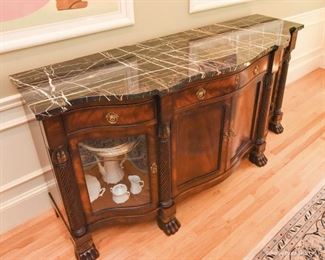 Henredon Natchez Marble-Top Sideboard  $825
Absolutely breathtaking book matched flame mahogany, with string black marble top. Glass doors on end cabinets to feature some of your favorite pieces. Excellent condition. 77ʺW × 23.5ʺD × 38.5ʺH