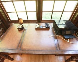 Ethan Allen Edwardian Hastings Desk  $425
Top has three inset leather panels with embossed gilt edges. Excellent condition. 64"w x 30.25"h x 32.5"d 