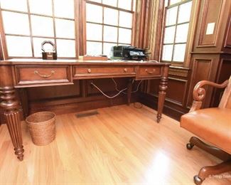 Ethan Allen Edwardian Hastings Desk  $425
Top has three inset leather panels with embossed gilt edges. Excellent condition. 64"w x 30.25"h x 32.5"d 