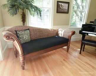 Woven Grass Lounger with Carved Wood Arms $395
Black cushion. Incredibly inviting in person. Excellent condition. 7’ long x 2’11” tall  x 2’6” deep