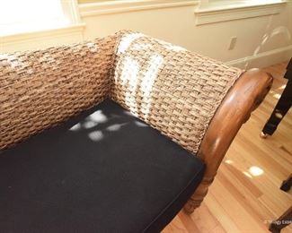 Woven Grass Lounger with Carved Wood Arms $395
Black cushion. Incredibly inviting in person. Excellent condition. 7’ long x 2’11” tall  x 2’6” deep