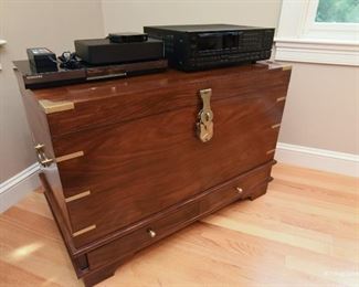 Wood Trunk with Brass Hardware $125
Fair condition. Damage on top as shown. 3’ wide, 2’1” tall, 1’8” deep.