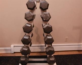 Solid Hex Dumbell Set with A-Frame Rack  $450
Six pairs of weights are 25lbs, 30lbs, 35lbs, 40lbs, 45lbs, 50lbs.