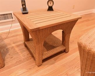 Wood-top wicker side table $75