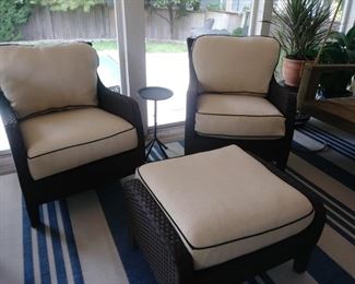 2 outdoor wicker chairs & ottoman