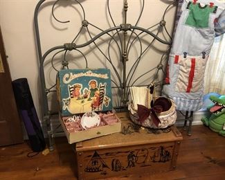Full Size Iron Bed, Cowboy Wooden Vintage Toy Box, American Girl Basket w/books, Childs Quilt