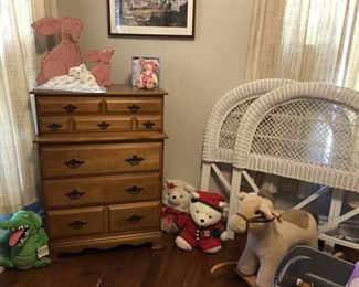 Nice Maple Chest of Drawers, Pair of White Wicker Twin Head Boards, Rocking Horse